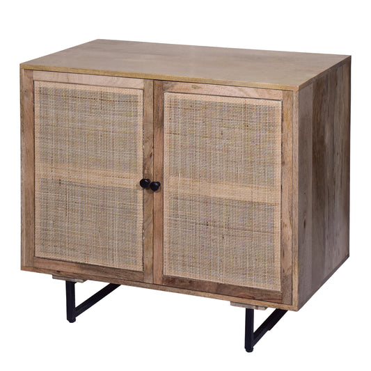 35 Inch Handcrafted Accent Cabinet with 2 Mesh Rattan Doors, Black Iron Legs, Natural Brown Mango Wood Frame