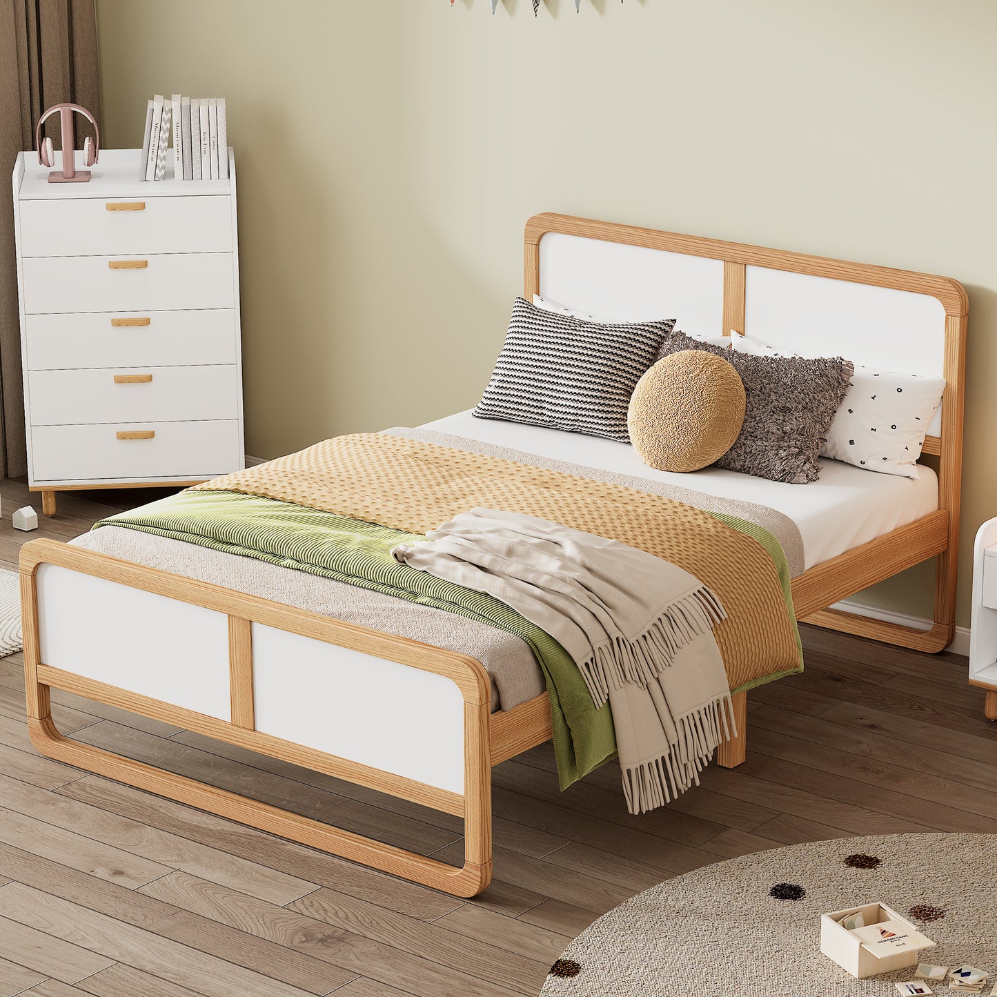 Modern Style Queen Size Solid Wood Platform Bed for  Kids, Teens, Adults, No Need Box Spring, Walnut and White