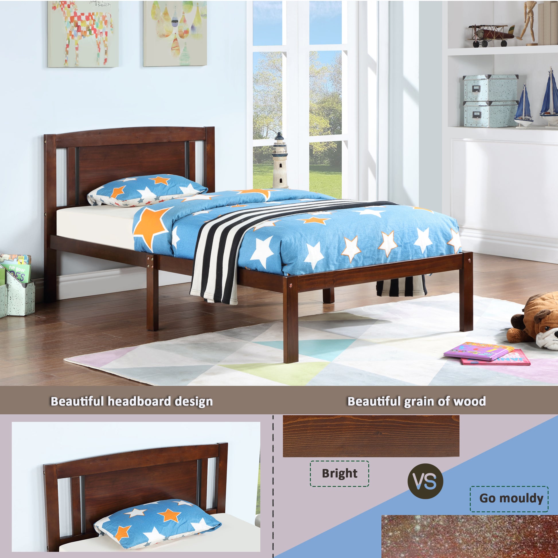 Twin Size Bed, Wood Platform Bed Frame with Headboard For Kids, Slatted, Dark Walnut