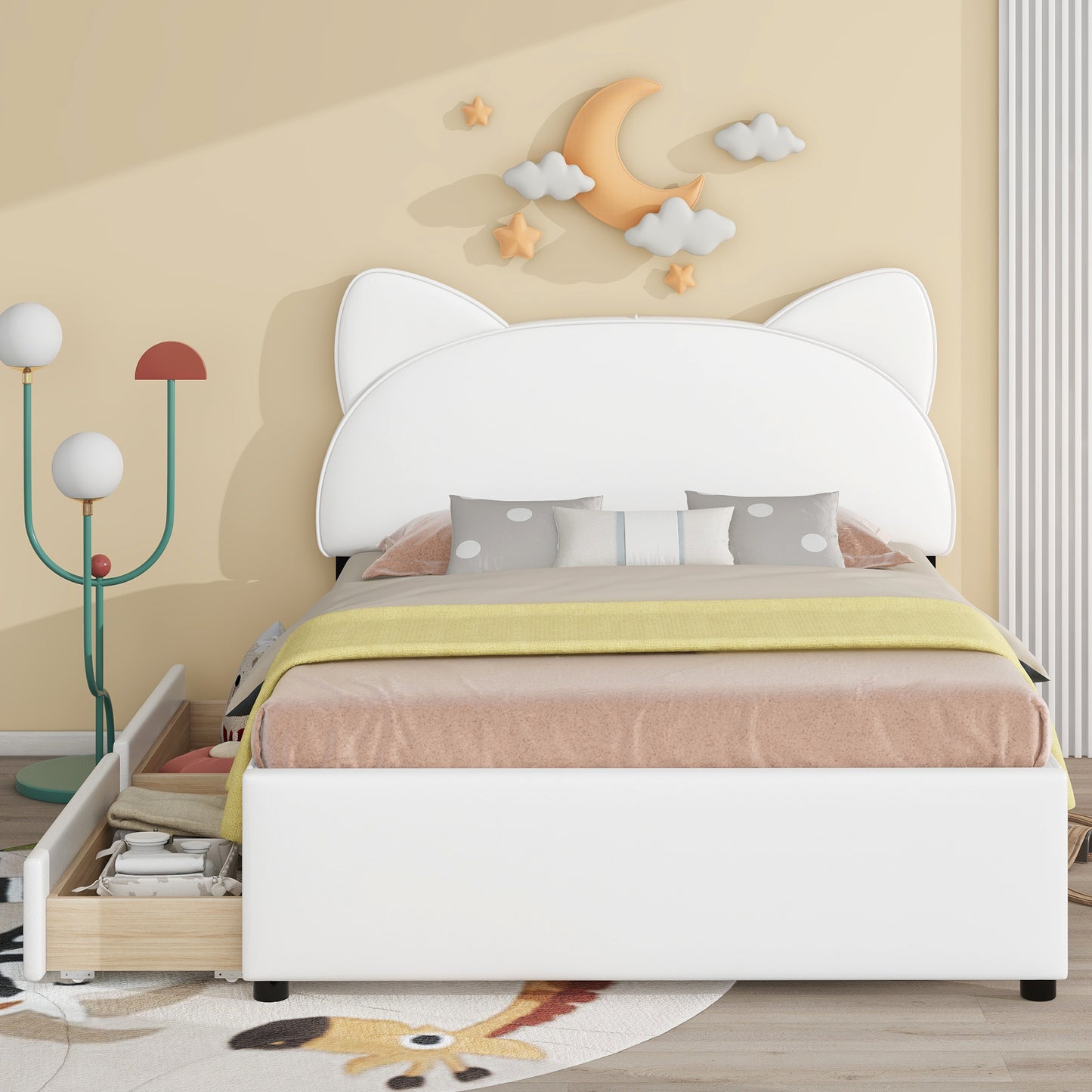 Full Size Upholstered Platform Bed with Cartoon Ears Shaped Headboard and 2 Drawers, White