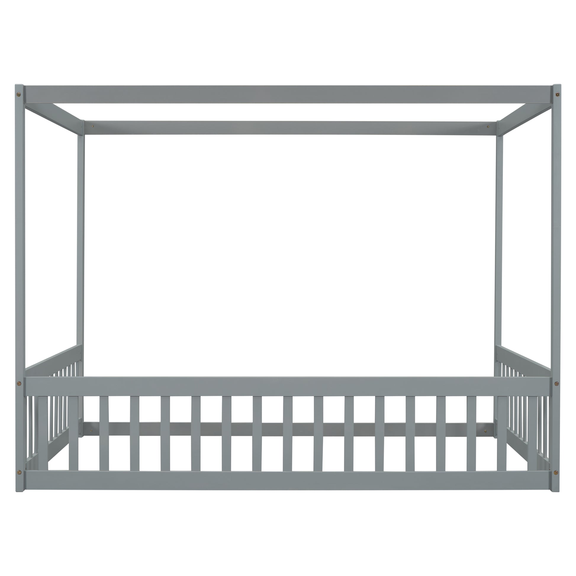 Full Size Canopy Frame Floor Bed with Fence, Guardrails,Grey