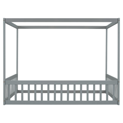 Full Size Canopy Frame Floor Bed with Fence, Guardrails,Grey