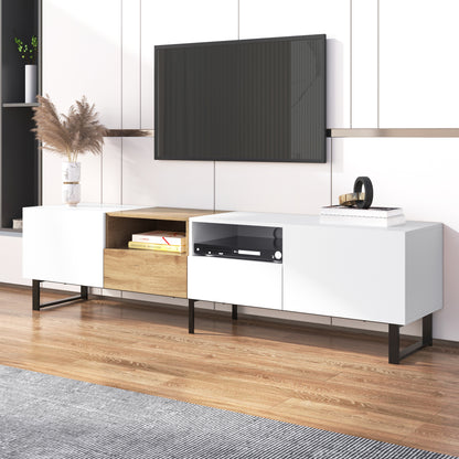 Modern TV Stand with 2 Cabinets& Open Storage Compartment, Color-matching Media Console Table for TVs up to 85'', Entertainment Center with Drop Down Door for Living Room, Bedroom, Home Theatre