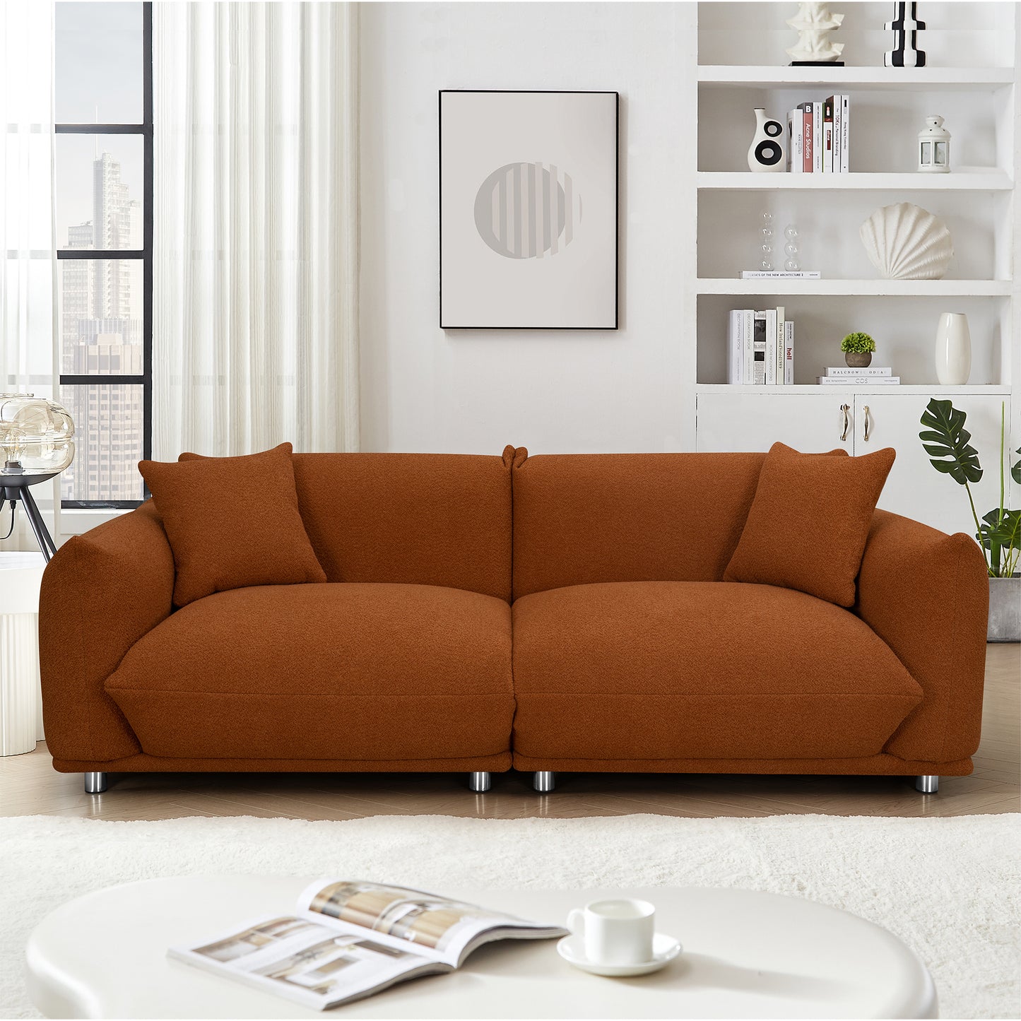 Oversized Loveseat Sofa for Living Room, Sherpa Sofa with Metal Legs, 3 Seater Sofa, Solid Wood Frame Couch with 2 Pillows, for Apartment Office Living Room - CURRY