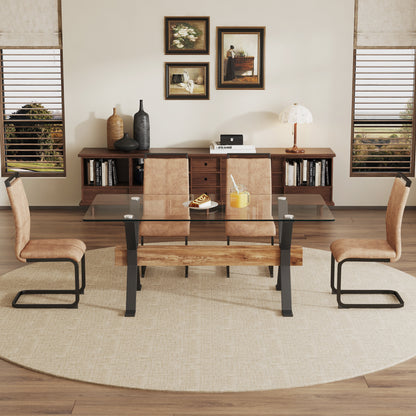 Dining table. Modern tempered glass dining table. Large modern office desk with black metal legs and MDF crossbars, suitable for home and office use. 4 high-end cushioned seats.F1105  C-1162