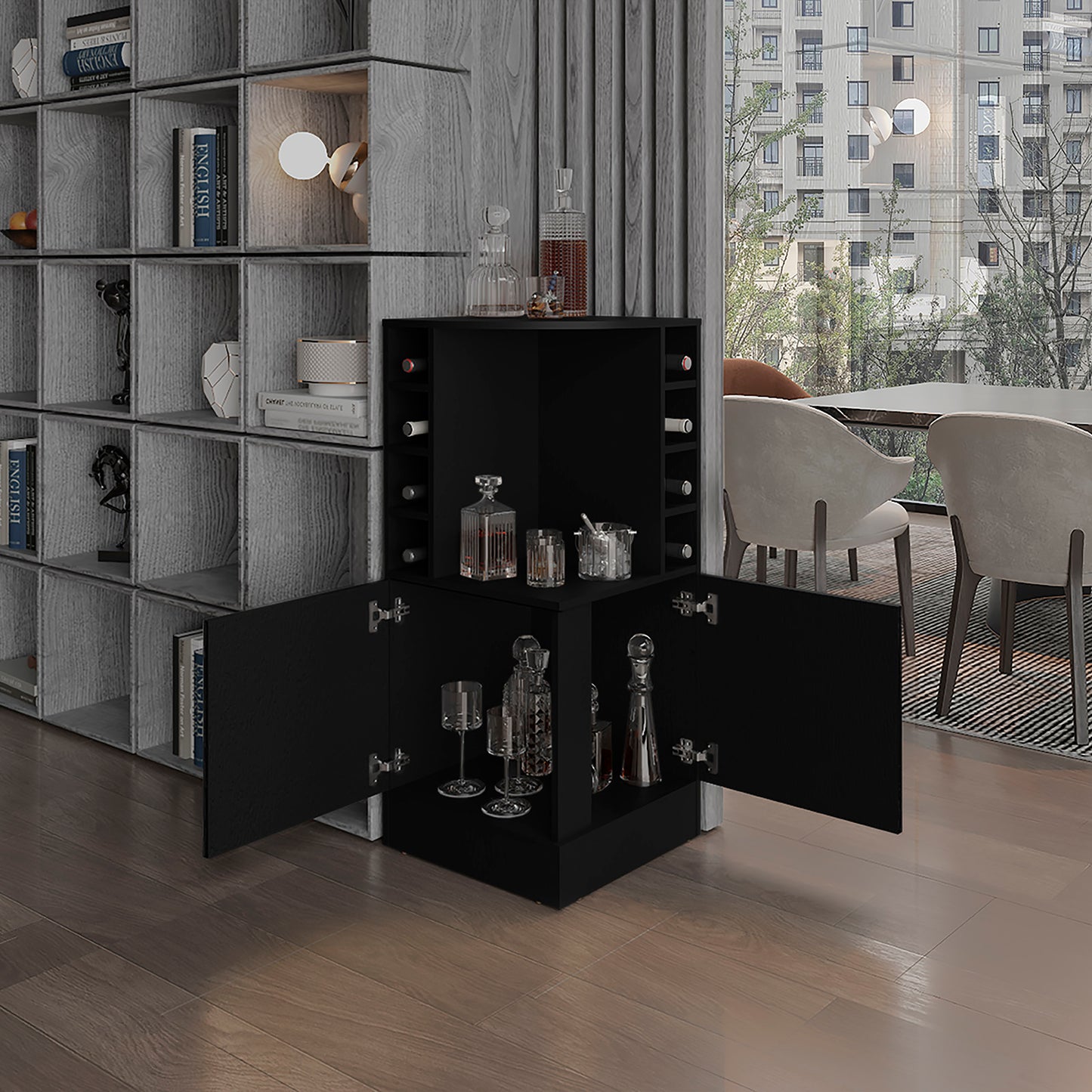 Jakes 42" Tall Corner Bar Cabinet with Eight Wine Bottle Cubbies and Double Door cabinet, Living Room, Liquor Cabinet, Storage Cabinet Black Wengue