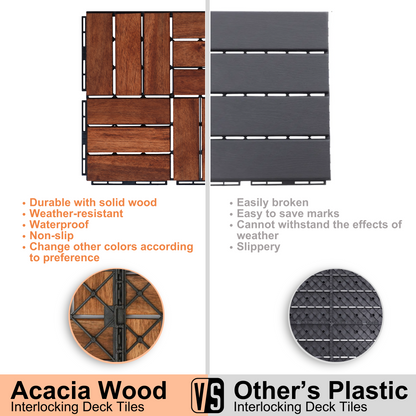 Acacia Wood Interlocking Deck Tiles Checker Pattern, 30 PCS  12" x 12" Square Acacia Hardwood Outdoor Flooring for Patio, Bancony, Pool Side,...