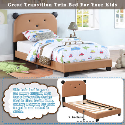 Upholstered Twin Size Platform Bed for Kids, with Slatted Bed Base, No Box Spring Needed, Brown color, Bear Design