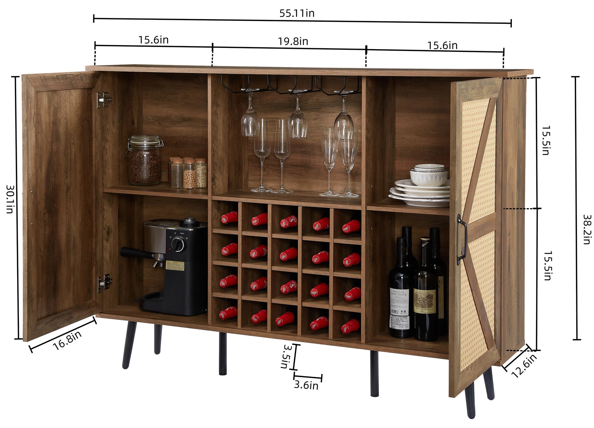 Oak Color Faux Rattan Barn Door Wine Cabinet with Wine Rack and Wine Glass Rack, Double Door Design with Removable Shelves, Rustic Wood Storage Cabinet