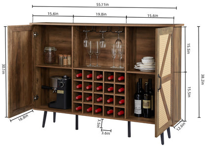 Oak Color Faux Rattan Barn Door Wine Cabinet with Wine Rack and Wine Glass Rack, Double Door Design with Removable Shelves, Rustic Wood Storage Cabinet