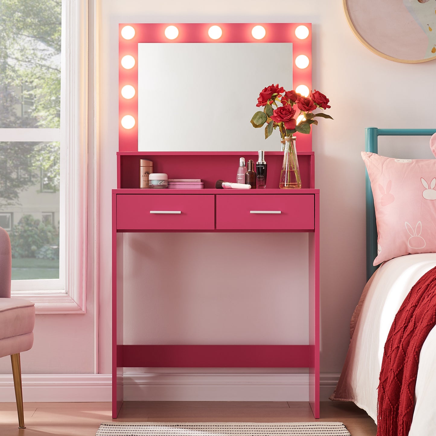 Vanity Desk with Mirror and Lights, Dressing Table with Large Drawer, 2 Level Storage Dresser & 3 Lighting Modes Adjustable Brightness, Suitable for Bedroom(Rose Pink)