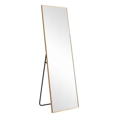 Aluminum alloy thin edged rectangular golden full-length mirror with stand 64 * 21 * 1 inch Bathroom Vanity Mirror for Bedroom Entryway, Living/Dressing Room