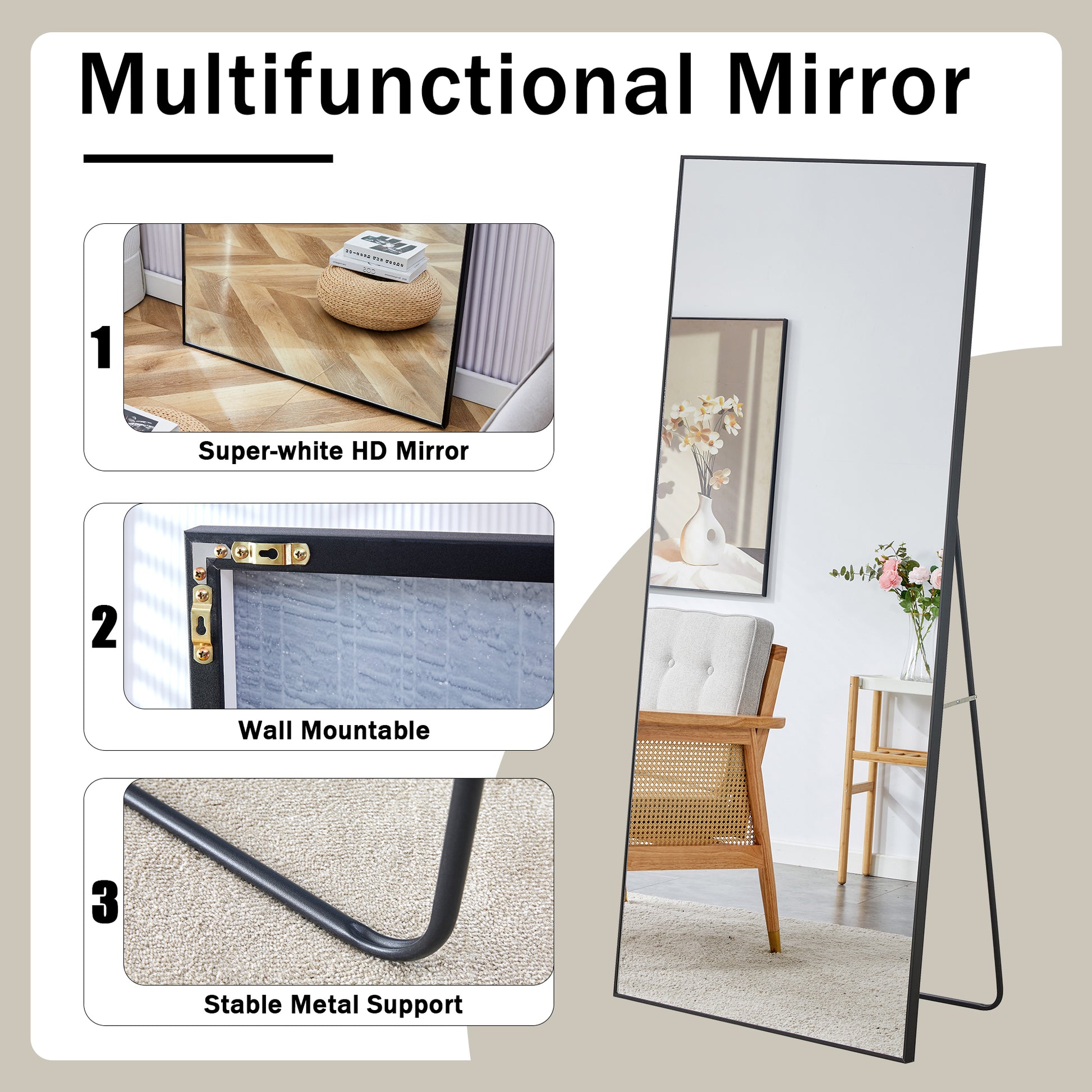 Fourth generation black solid wood frame full-length mirror, dressing mirror, bedroom porch, decorative mirror, clothing store, floor standing large mirror, wall mounted. 71 "* 31.4"