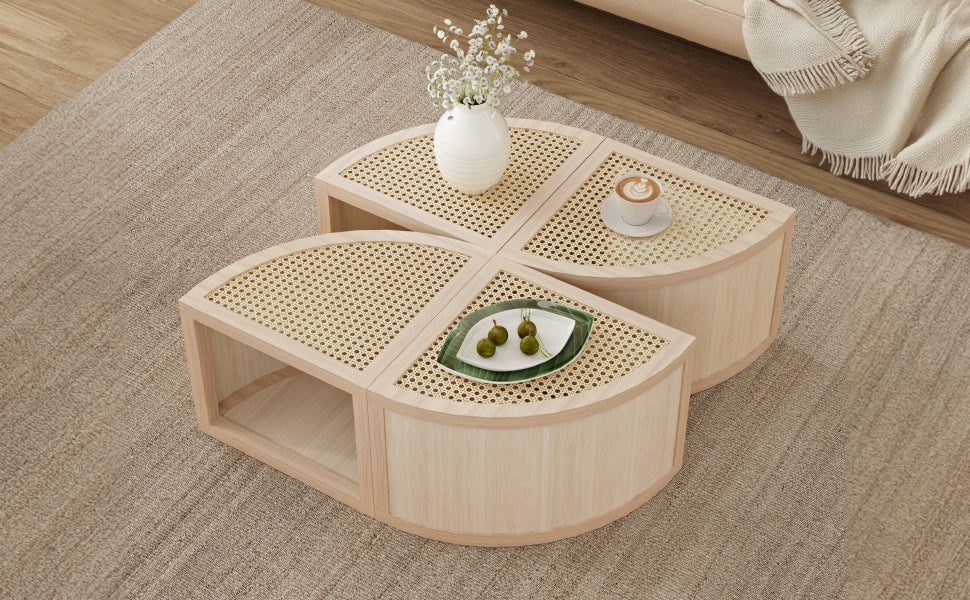 Round to Square Block Modular Coffee Table Light Natural Rattan with Storage 4 Piece