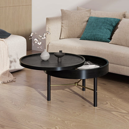 Modern Round Wood Rotating Tray Coffee Table with Storage & Metal Legs in Black