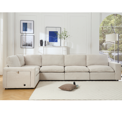 [NEW ARRIVED] [VIDEO PROVIDED]Sectional Couches For Living Room,Modular Couch,Wireless Charging Port & Cup Holders,5-seat ,DIY Combination,L-shaped Sofa,Book Storage Space,Soft Linen Fabric,Beige