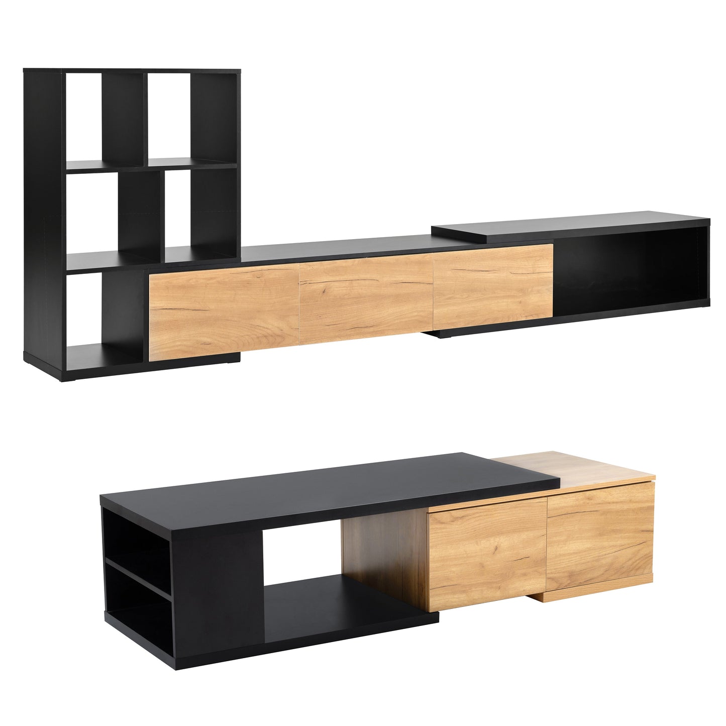 ON-TREND Extendable TV Stand and Coffee Table Set with 3 Tier Bookshelves for Living Room