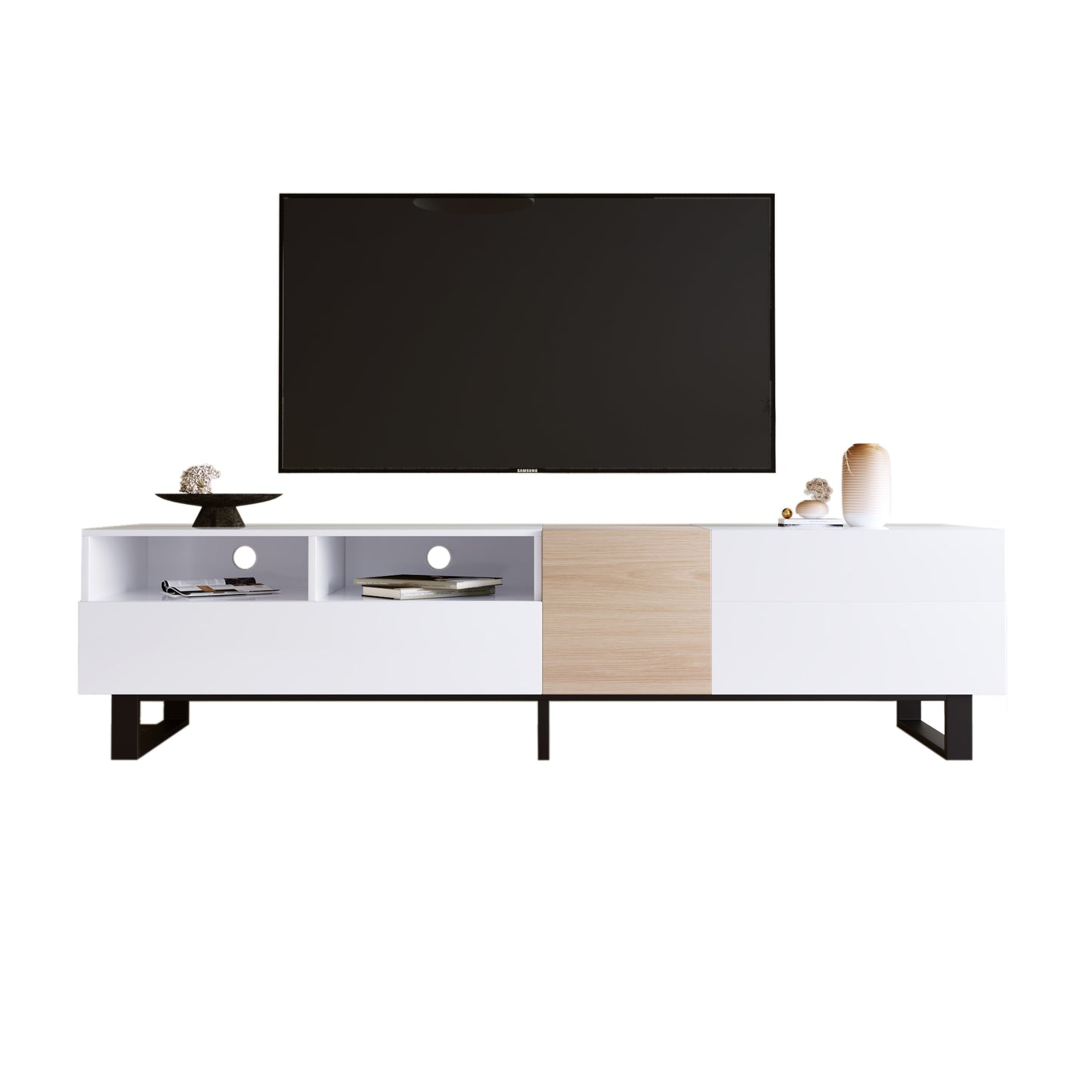 Modern TV Stand for 80'' TV with Double Storage Space, Media Console Table, Entertainment Center with Drop Down Door for Living Room, Bedroom, Home Theatre