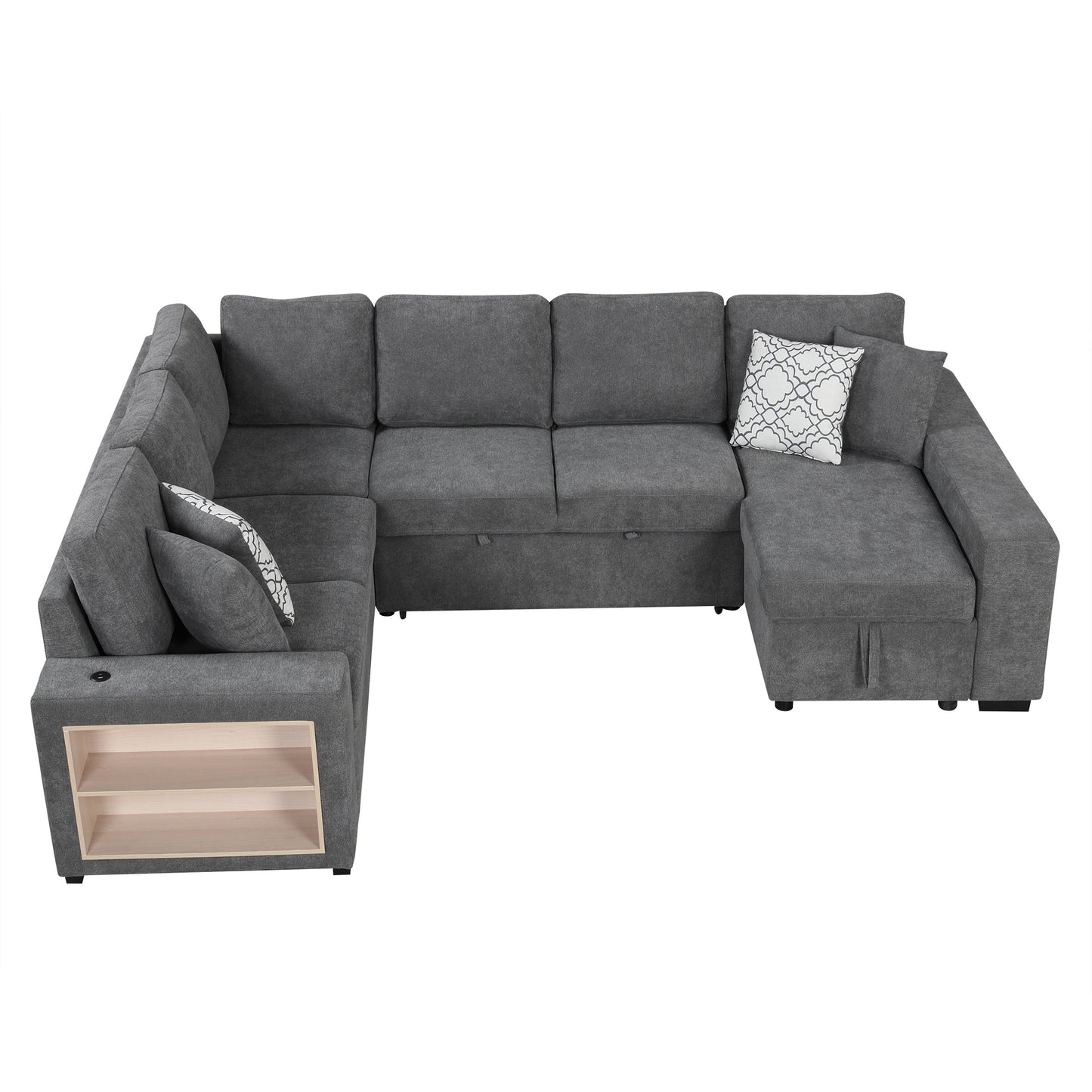 109" U-shaped Sectional Sofa Pull-out Sofa Bed with Two USB Ports, a Storage Chaise Lounge and Four Back Pillows for Living Room, Grey