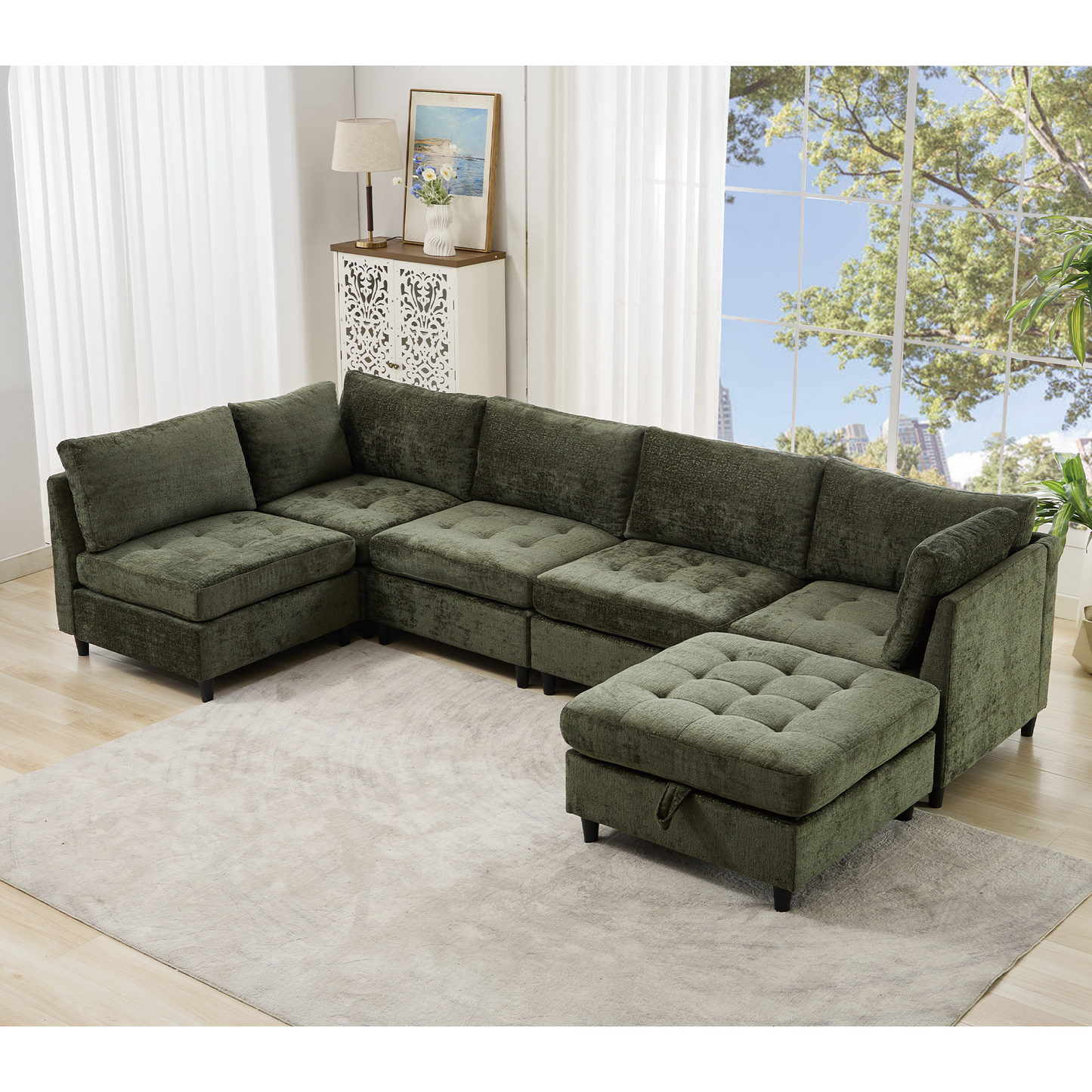 [NEW ARRIVED] [VIDEO PROVIDED]   Modular Sectional Couch with Storage Ottoman, U Shaped Sofa, Storage Ottoman,Minimalist ,Convertible Modular Sofa,Chenille ,Upholstered,6 Seat,Living Room,   Green