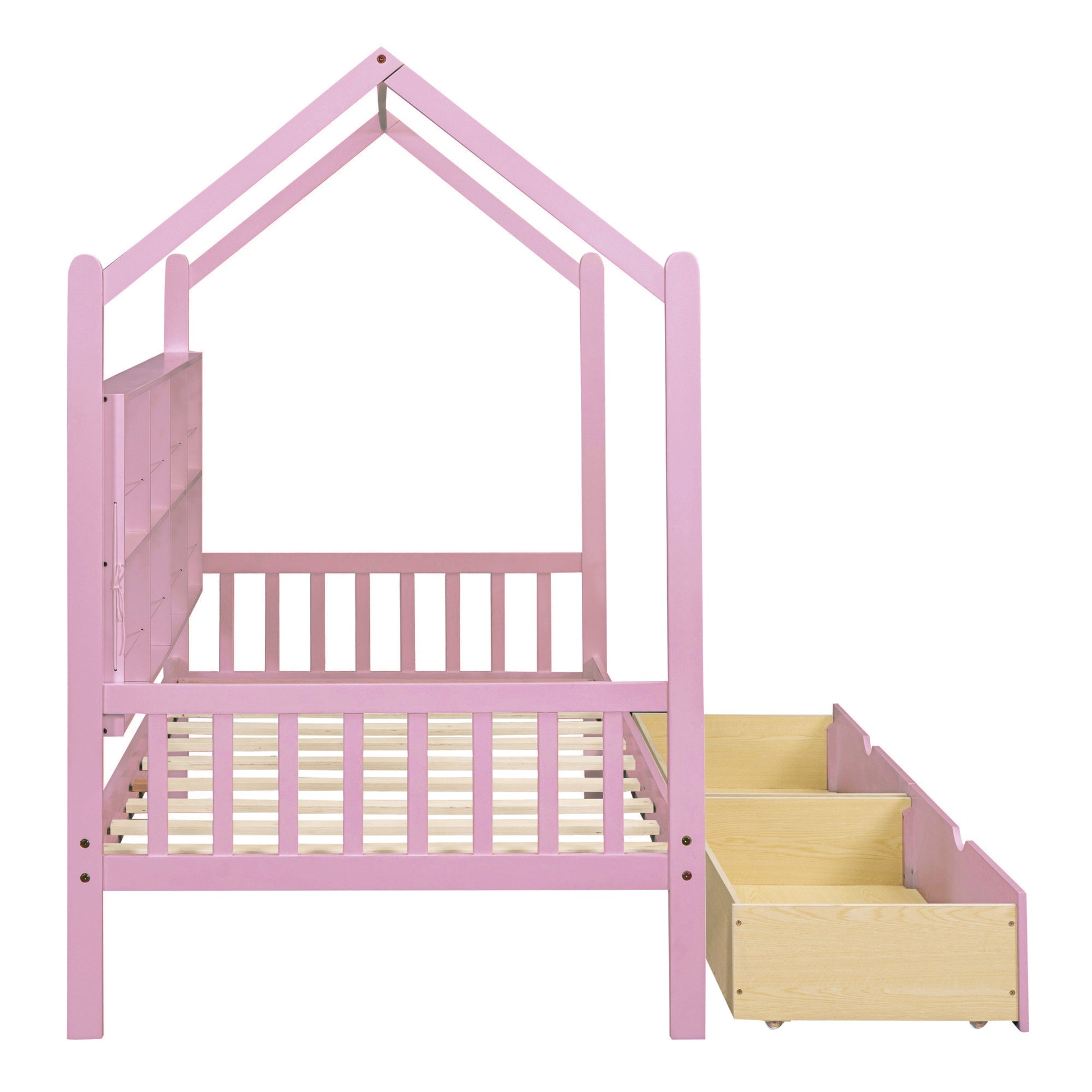 Wooden Twin Size House Bed with 2 Drawers,Kids Bed with Storage Shelf, Pink