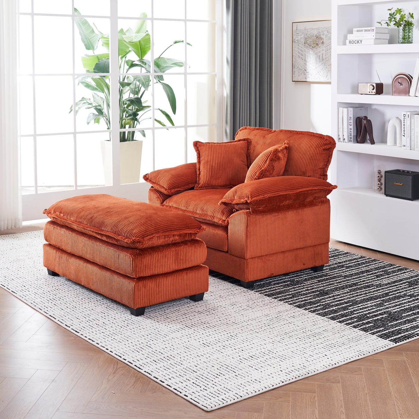 56.3 Inch Corduroy single sofa With  2 toss pillows and a ottoman ,Comfy Sofa- Deep Seat Couch for Living Room