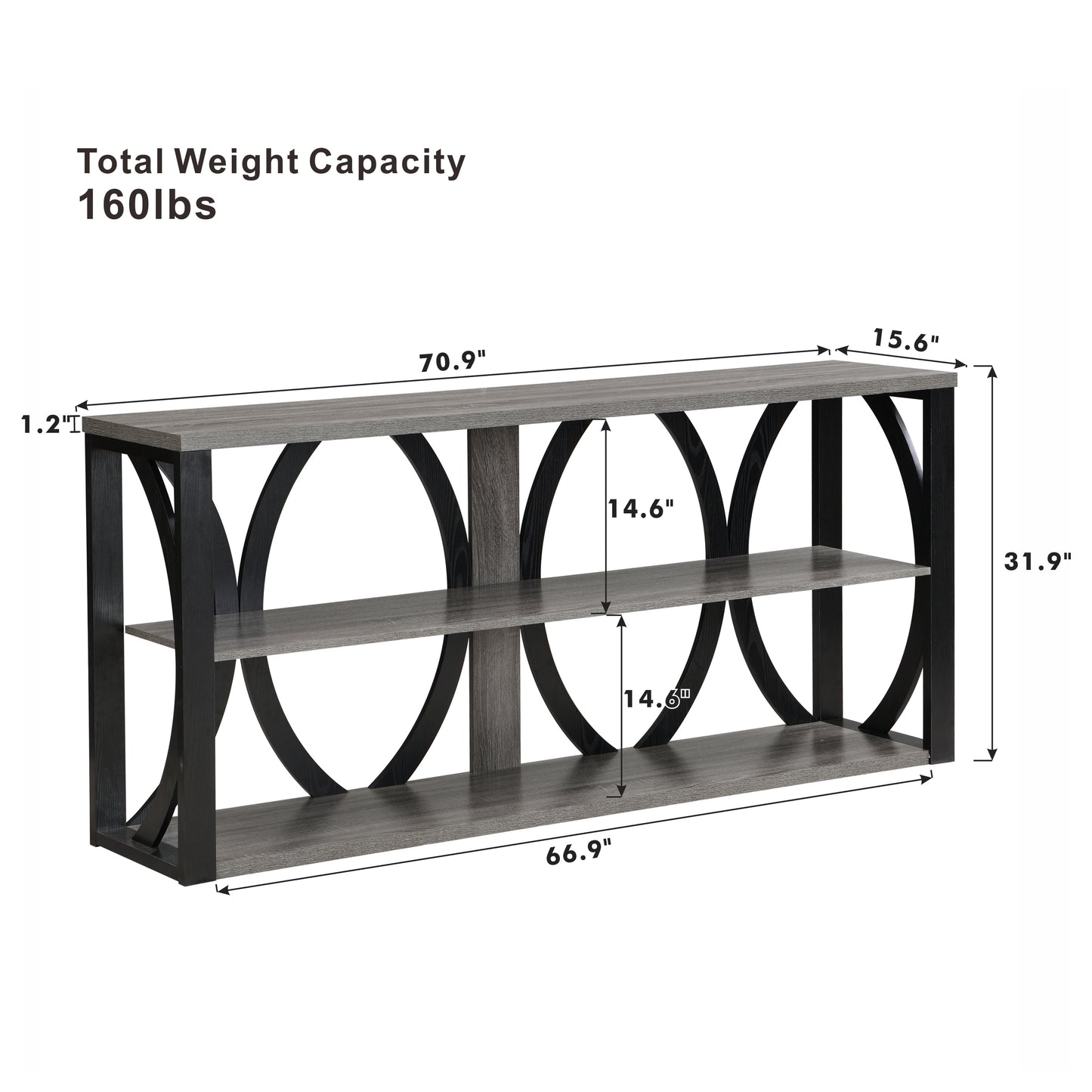 3-Tier Industrial Console Table,70.87 inch,  Narrow Entry Table Long Table with Storage for Entryway, Living Room, Foyer, Hallway, black