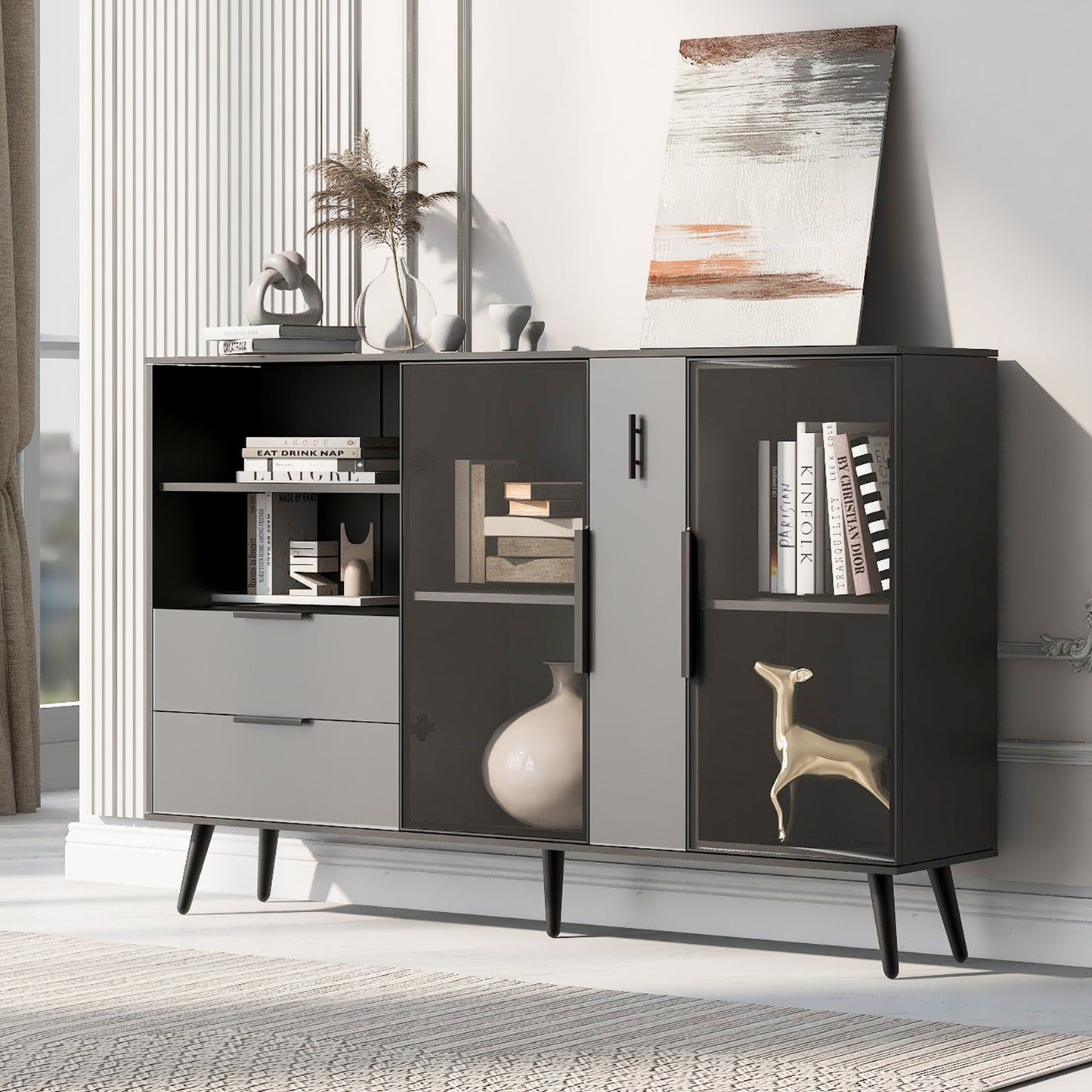 U_STYLE   Featured Two-door Storage Cabinet with Two Drawers and Metal Handles, Suitable for Corridors, Entrances, Living rooms.