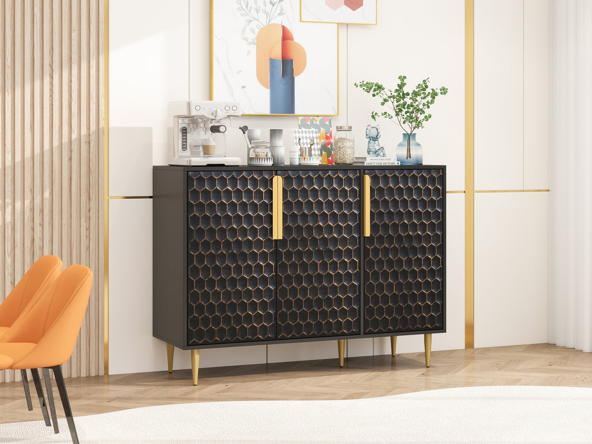 3 Door Storage Cabinet,Buffeet Sideboard with Adjustable Shelves,Honeycomb Seamless Hexagons Pattern Metal Door for Living Room,Dinging Room,Kitchen,Entrance