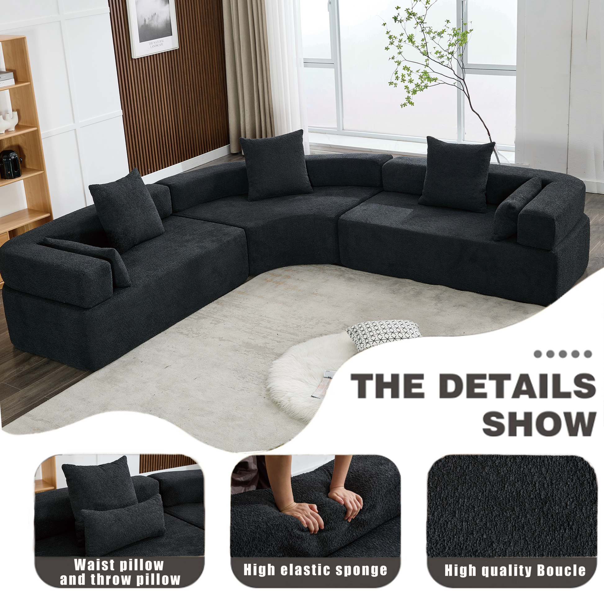 [NEW ARRIVED] [VIDEO PROVIDED]Oversized Combination Sofa,Curved Sofa,Upholstered 4 Seater Couch for Living Room,  Modern Modular 3 Piece Free Combination, Semicircular Modular  Sofa ,  Boucle, Black