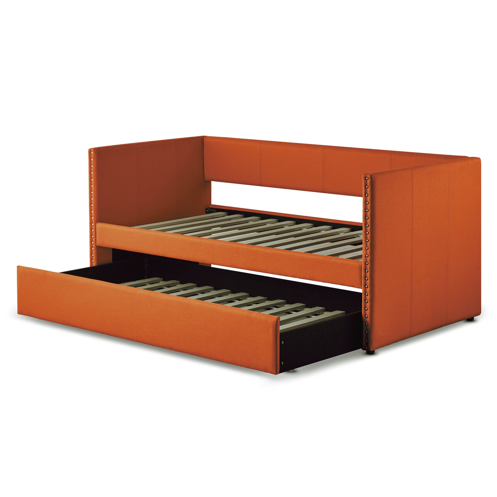 Orange Fabric Upholstered 1pc Day Bed with Pull-out Trundle Nailhead Trim Wood Frame Furniture