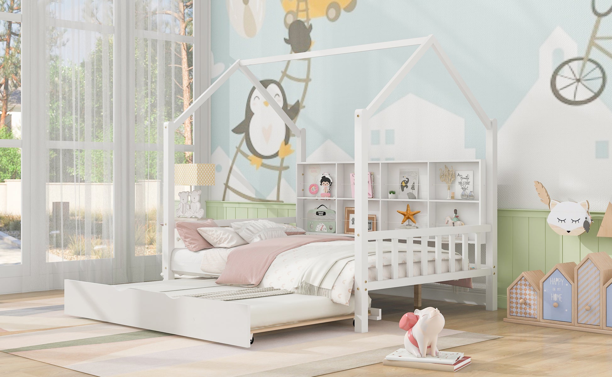 Wooden Full Size House Bed with Trundle,Kids Bed with Shelf, White