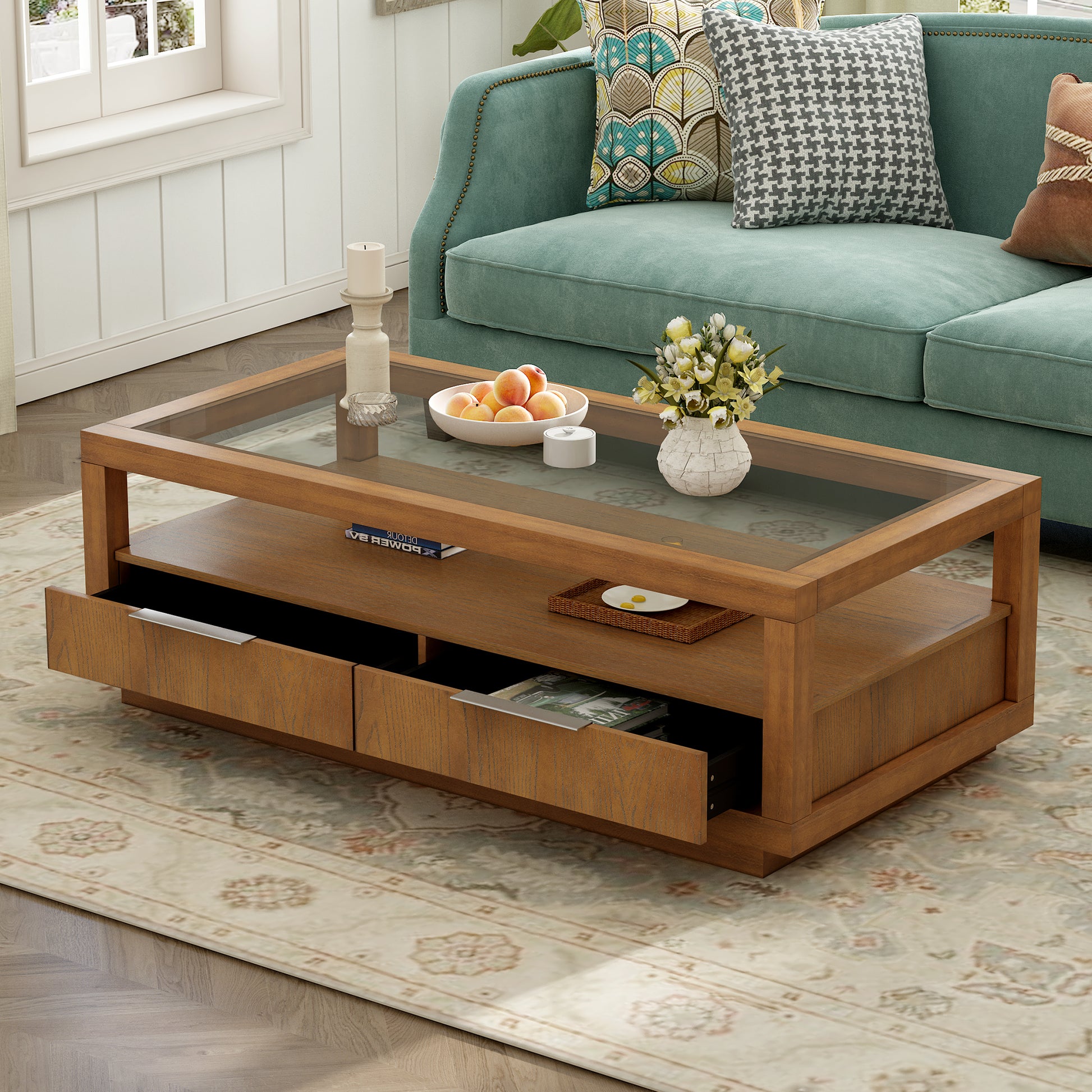 U-Can Modern Wood Coffee Table with 2 Drawers ,Minimalist Display Coffee Table with Transparent Tempered Glass, Open Storage Shelf for Living Room