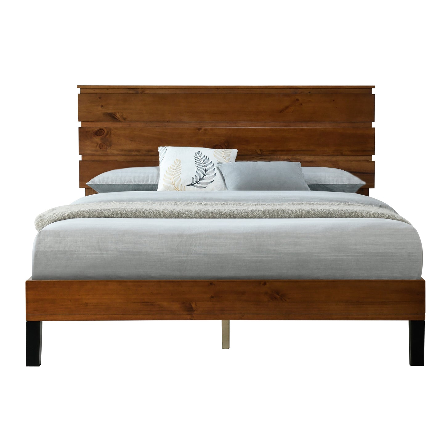 Mid-Century Modern Solid Wood Bed Frame Queen Size Platform Bed with Three-Piece Headboard Design, No Box Spring Needed, Brown