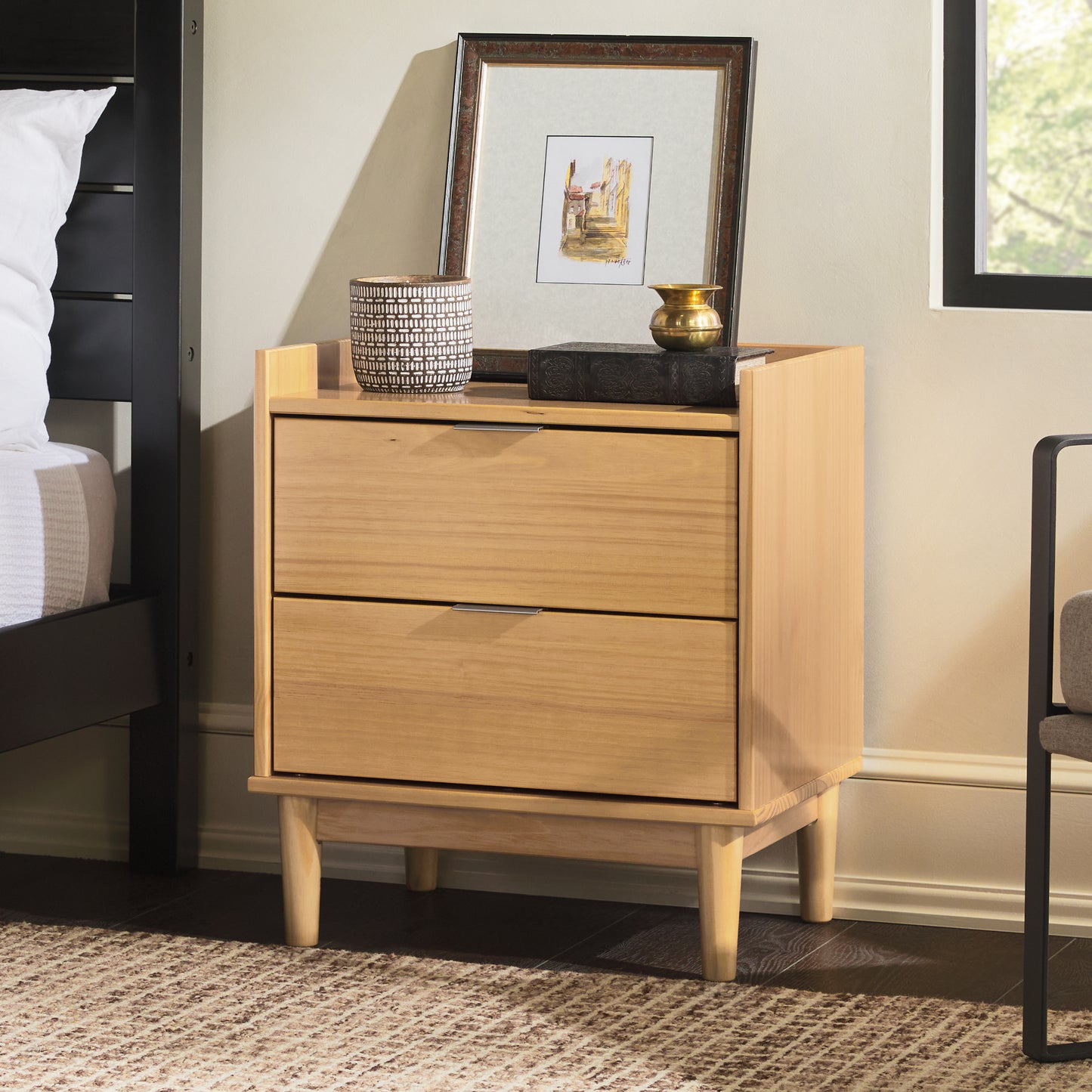 Mid-Century Modern 2-Drawer Solid Wood Nightstand – Natural Pine, Bedside Table