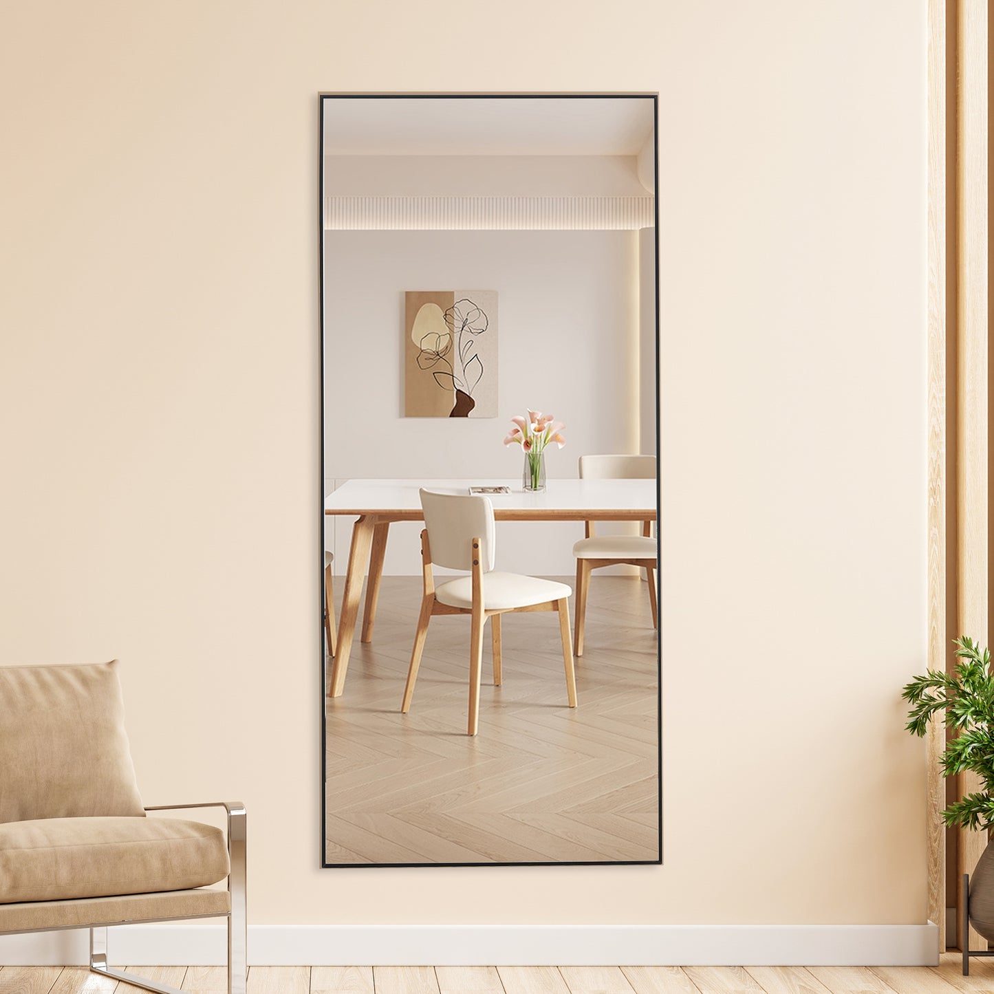 Fourth generation black solid wood frame full-length mirror, dressing mirror, bedroom porch, decorative mirror, clothing store, floor standing large mirror, wall mounted. 71 "* 31.4"