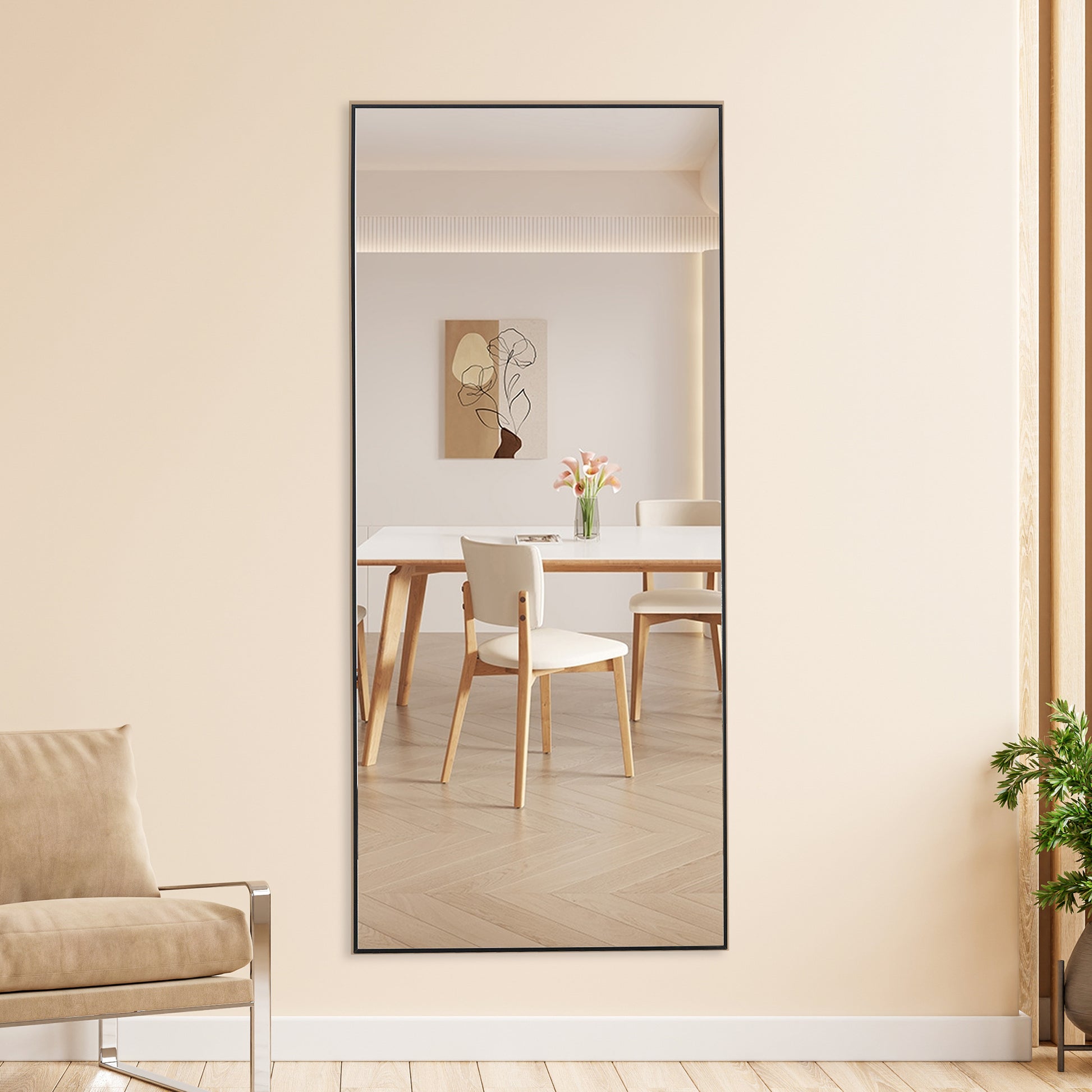 Fourth generation black solid wood frame full-length mirror, dressing mirror, bedroom porch, decorative mirror, clothing store, floor standing large mirror, wall mounted. 71 "* 31.4"