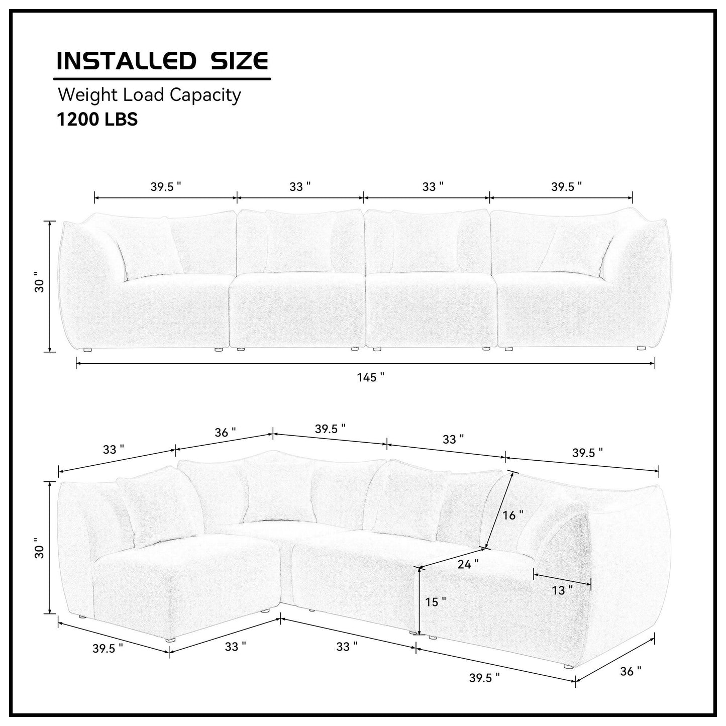 145 inch Modular Sectional Couch 4-Seater Sectional Sofa Convertible Comfy Couches for Living Room Apartment, Office,Grey