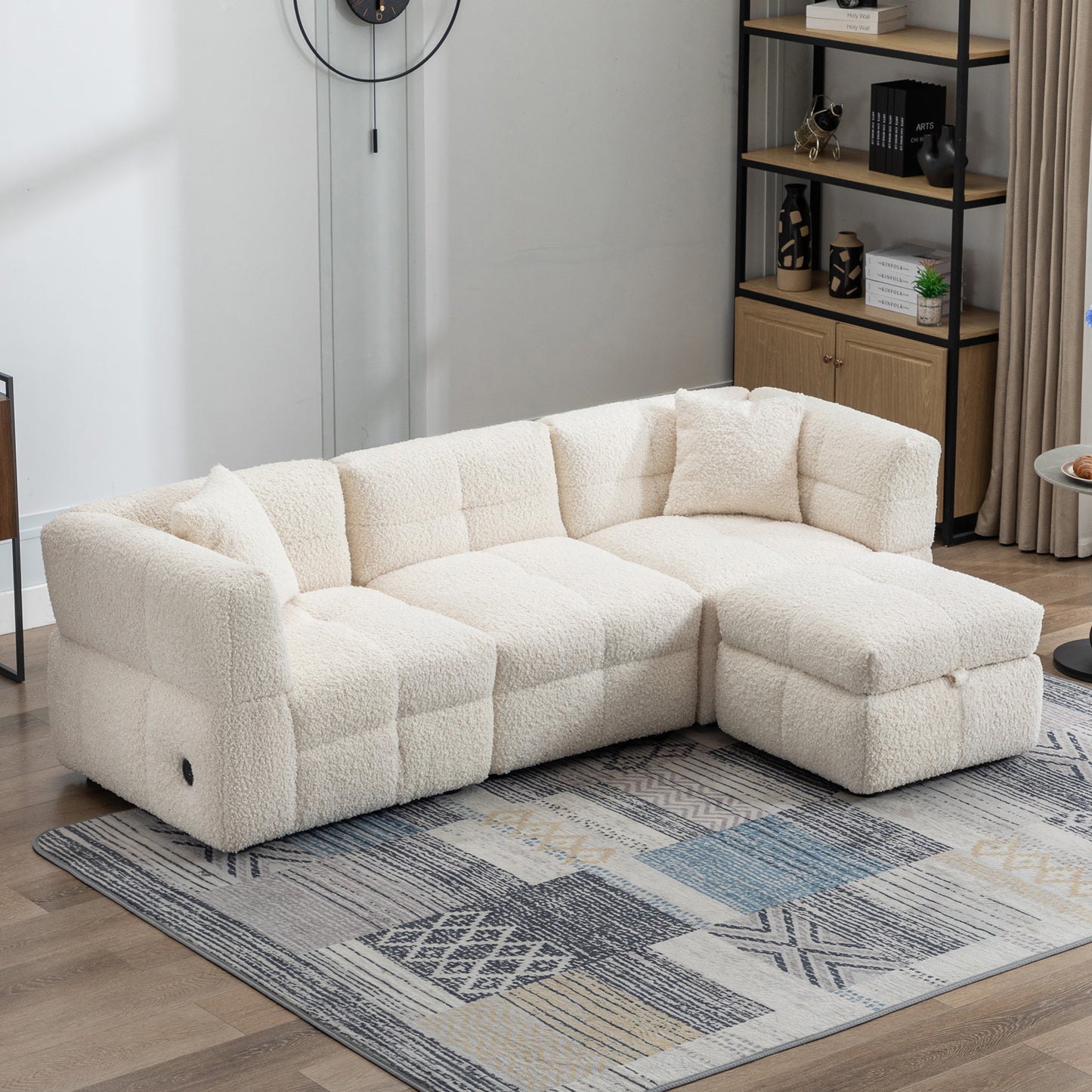 87.7" Sectional Sofa Cozy Teddy Fleece Fabric Sectional Sofa Couch with Two USB Ports a Movable Storage Ottoman and Two Lumbar Pillows for Living Room, Creamy White