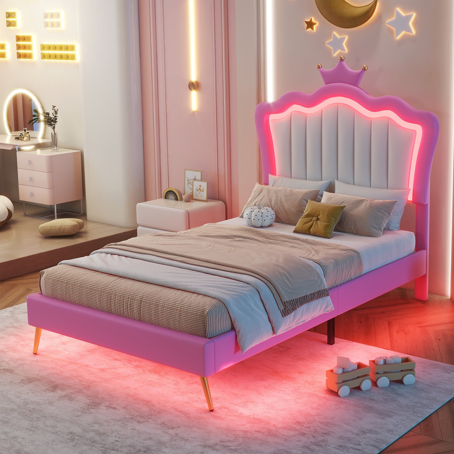 Twin Size Upholstered Bed Frame with LED Lights, Modern Upholstered Princess Bed with Crown Headboard, Pink+White