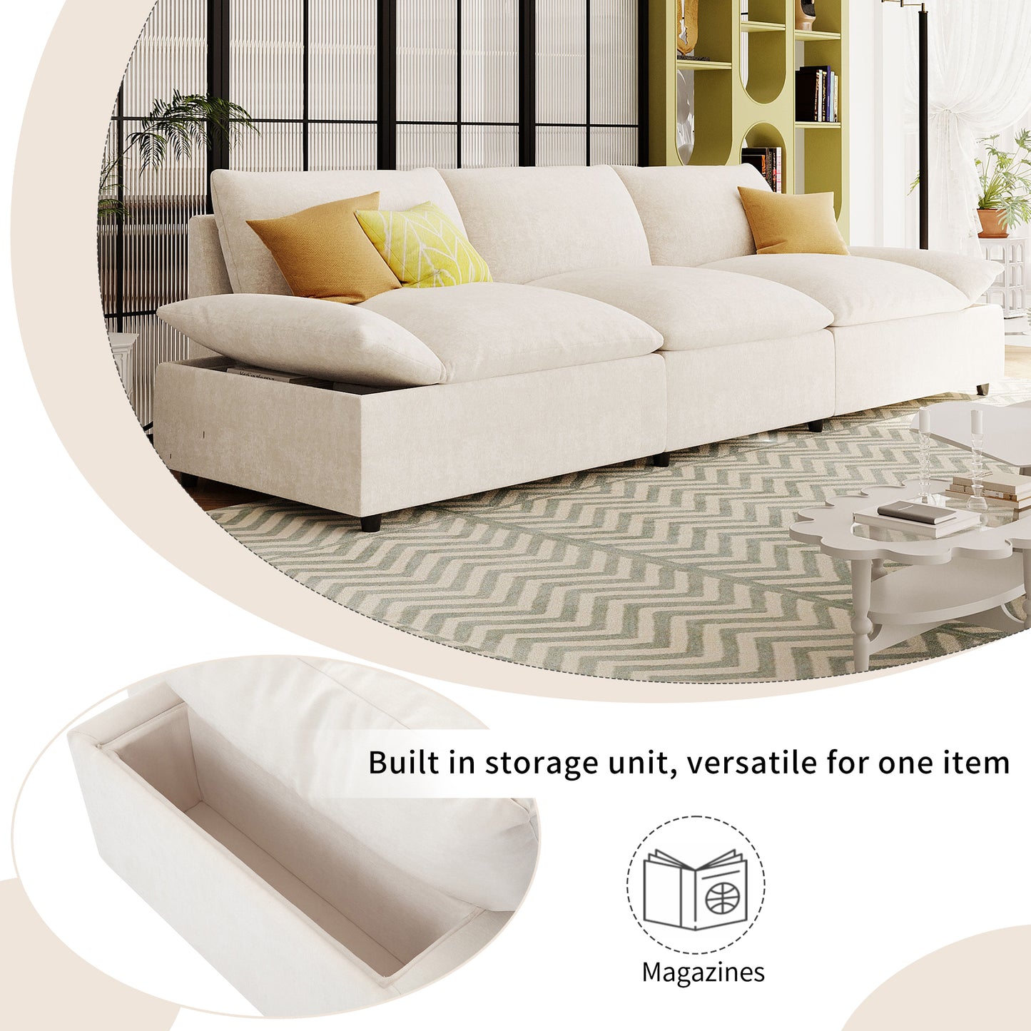 [ Video Provided]U_STYLE 119.5'' 3 Seater Sofa with 2 Storage Units , for Living Room, Office, Apartment