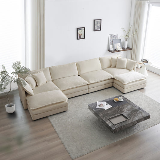 Comfort U Shaped Couch with Reversible Chaise, Modular Large U-Shape Sectional Sofa, Double Extra Ottomans,Beige Chenille