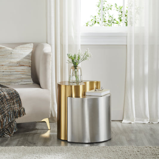 Ying Yang Modern & Contemporary Style 2PC End Table Made with Iron Sheet Frame in Gold & Silver