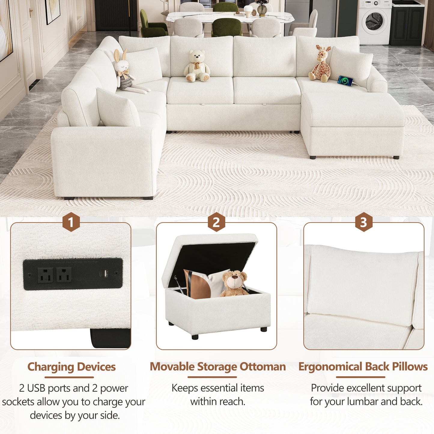 112.2" Sectional Sofa Pull-out Sofa Bed Sleeper with a Storage Ottoman,Three Pillows and Charging Devices for Living Room, Cream