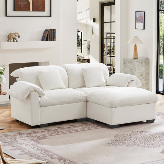 2 Seater  Deep Seat Cloud Like Sectional Couch With Storage Space Under Each Seat, Modular Sectional Sofa with Storage Reversible Ottoman,Velvet Sectional Sofa, White