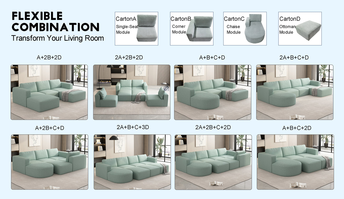 104.32*66.92 Modular Sectional Sofa Sleeper Couch, Sectional Sofa with Chaise and Ottoman, Convertible U Shaped Modular Sofa Set. Compressed spon, Light Green (Combo A+2B+2D)