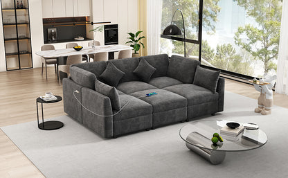 85.4" Sectional Sofa Modular Sofa U-shaped Sofa Couch Sofa Bed L-shaped Sofa with a Movable Ottoman and Two USB Ports for Living Room, Black