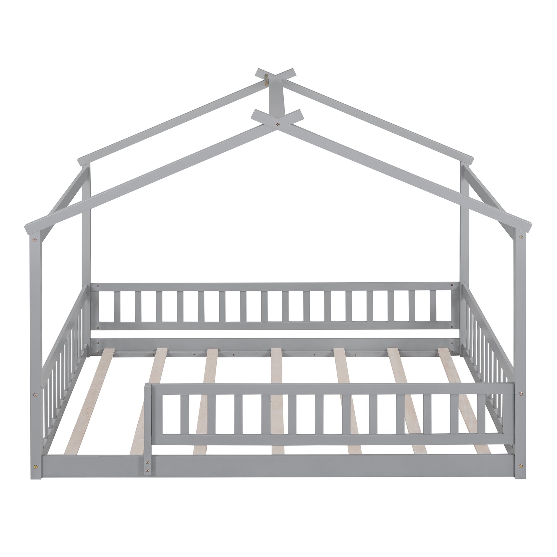 Full Size Wood Bed House Bed Frame with Fence, for Kids, Teens, Girls, Boys,Gray