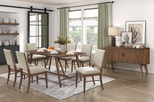 Modern Design 7pc Dining Set Table and 6x Side Chairs Fabric Upholstered Seat Back Brown Finish Wooden Dining Kitchen Furniture