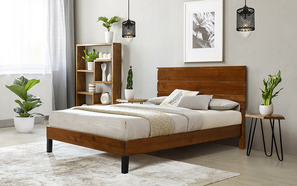 Mid-Century Modern Solid Wood Bed Frame Queen Size Platform Bed with Three-Piece Headboard Design, No Box Spring Needed, Brown